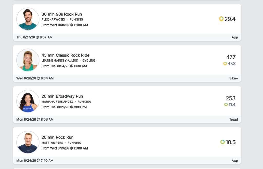Actual Peloton workout history shows an August 26 ride that Muse failed to include in its August cycling total.